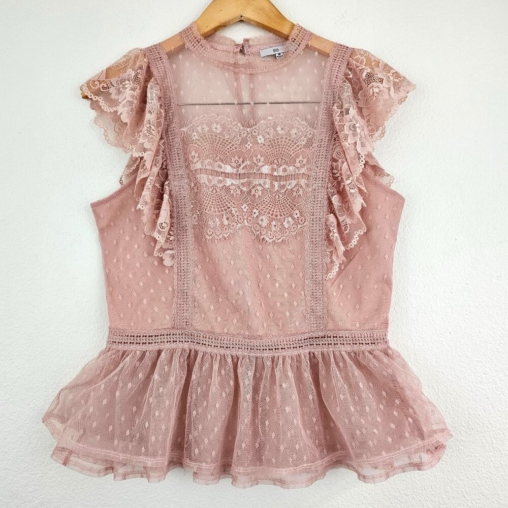 Y2K Sz M Dusty Pink Kawaii Polka Dot Tulle Top Lace Ruffle Romantic Coquette